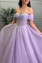 Tiffany | Lavender Beaded A-Line Tulle Prom Dress with Off Shoulder by KissProm
