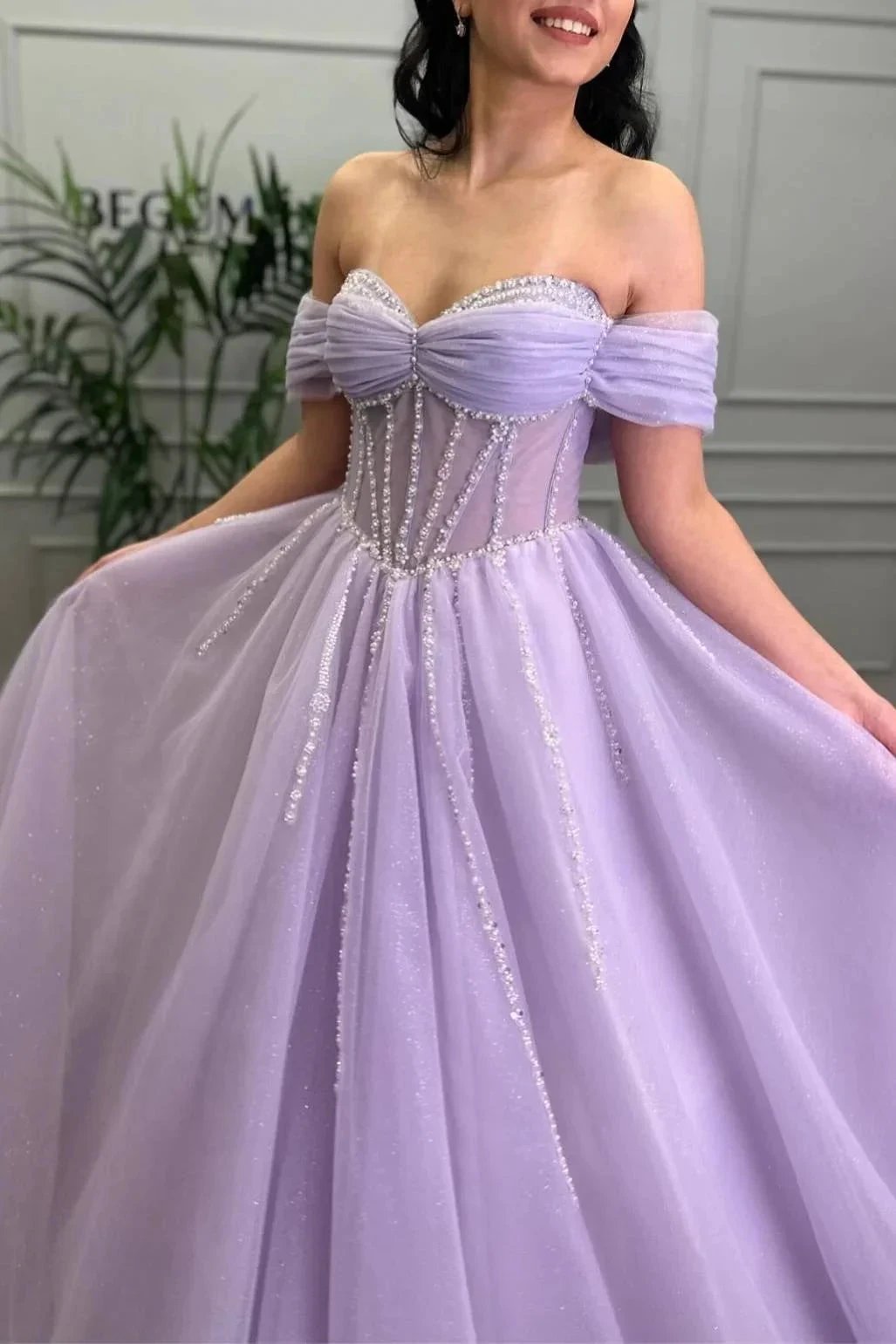 Tiffany | Lavender Beaded A-Line Tulle Prom Dress with Off Shoulder by KissProm