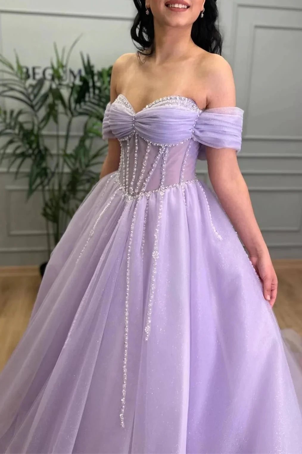 Tiffany | Lavender Beaded A-Line Tulle Prom Dress with Off Shoulder by KissProm