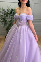 Tiffany | Lavender Beaded A-Line Tulle Prom Dress with Off Shoulder by KissProm