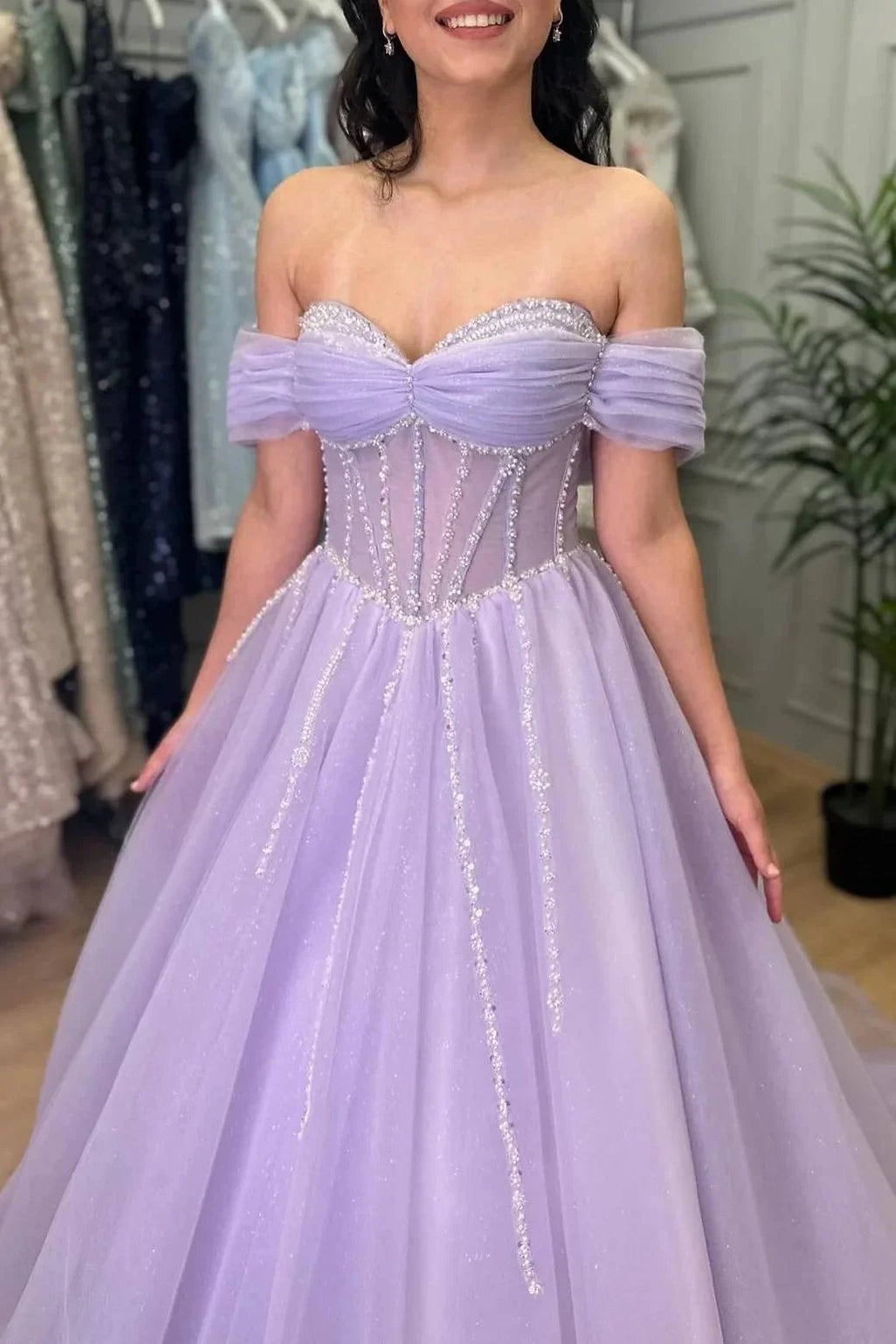 Tiffany | Lavender Beaded A-Line Tulle Prom Dress with Off Shoulder by KissProm