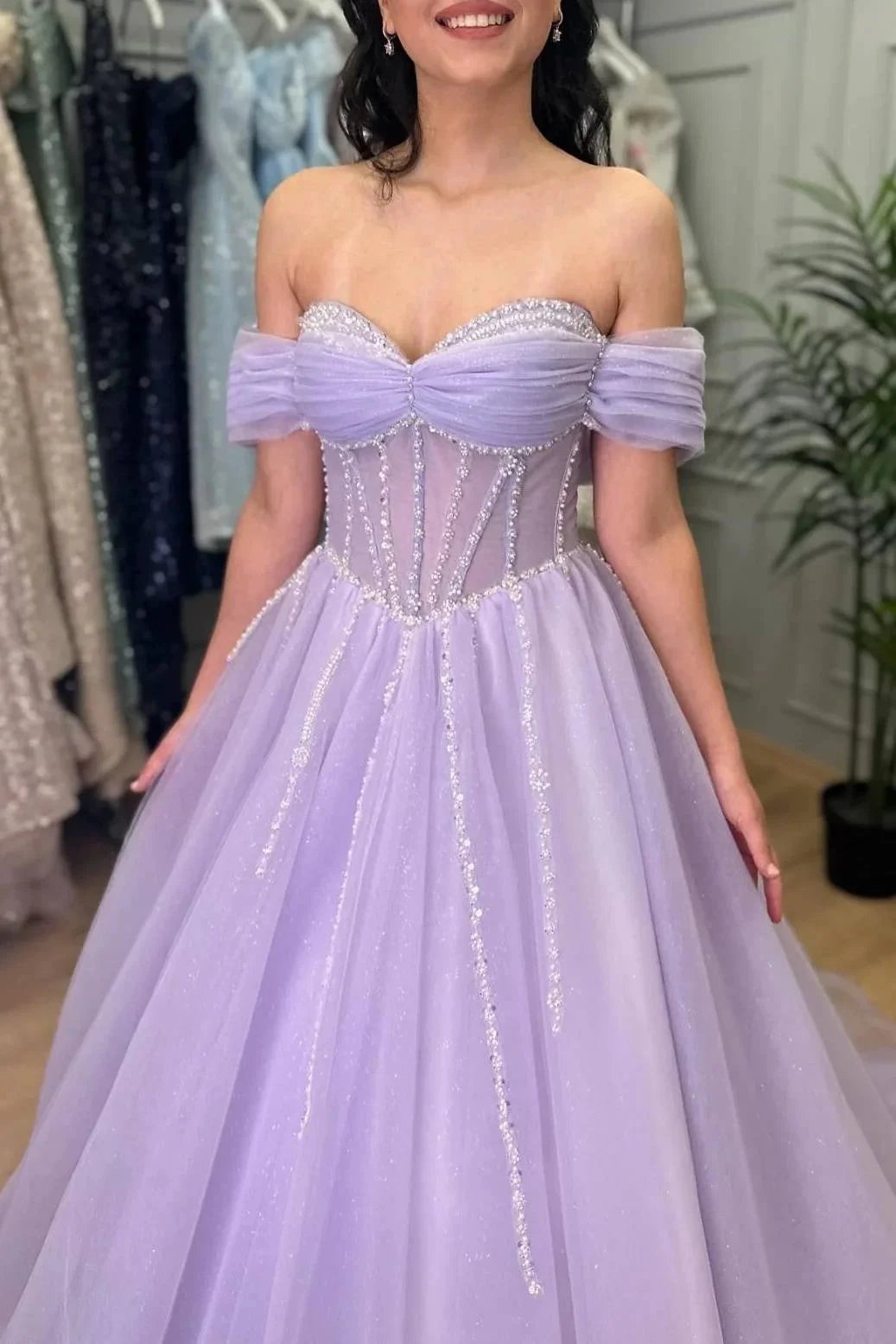 Tiffany | Lavender Beaded A-Line Tulle Prom Dress with Off Shoulder by KissProm