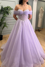 Tiffany | Lavender Beaded A-Line Tulle Prom Dress with Off Shoulder by KissProm
