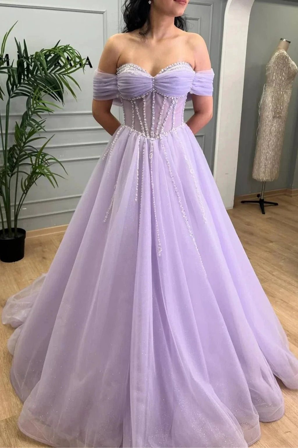 Tiffany | Lavender Beaded A-Line Tulle Prom Dress with Off Shoulder by KissProm