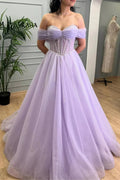 Tiffany | Lavender Beaded A-Line Tulle Prom Dress with Off Shoulder by KissProm