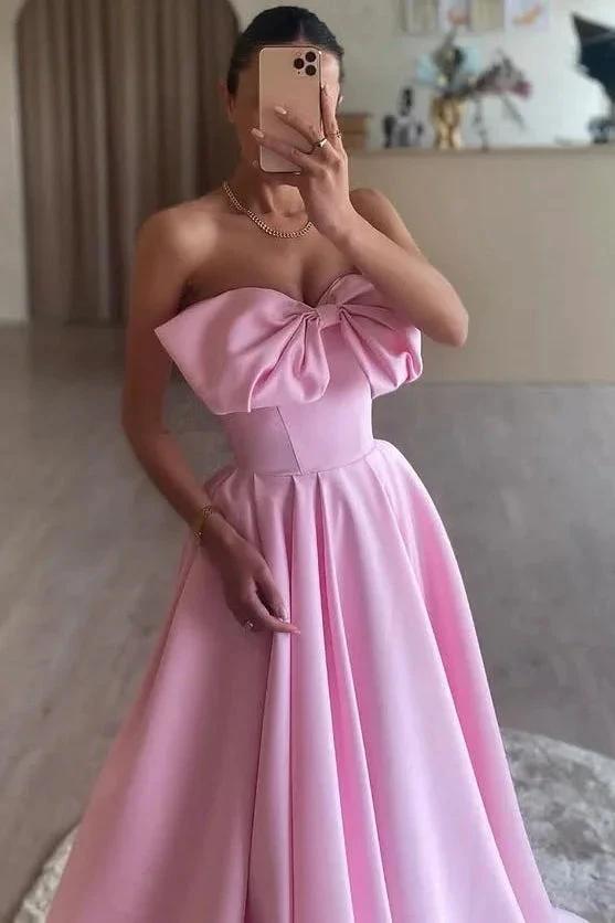 Tomie | Pink A-Line Strapless Bow Satin Pleated Long Formal Prom Dress by KissProm