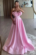 Tomie | Pink A-Line Strapless Bow Satin Pleated Long Formal Prom Dress by KissProm