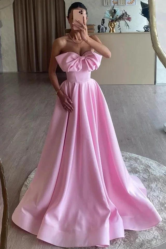 Tomie | Pink A-Line Strapless Bow Satin Pleated Long Formal Prom Dress by KissProm