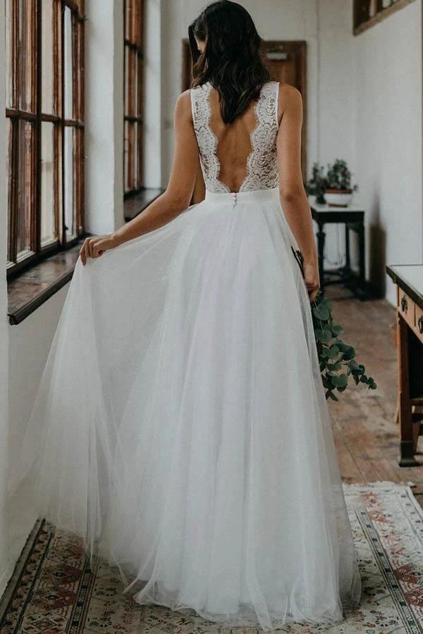 Top Lace Simple Tulle Beach Wedding Dress Bridal Gown With V Back WD452 by pgmdress