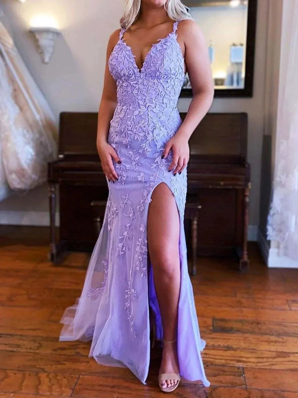 Torin | Mermaid V Neck Lavender Lace Long Prom Dresses with Appliques by KissProm
