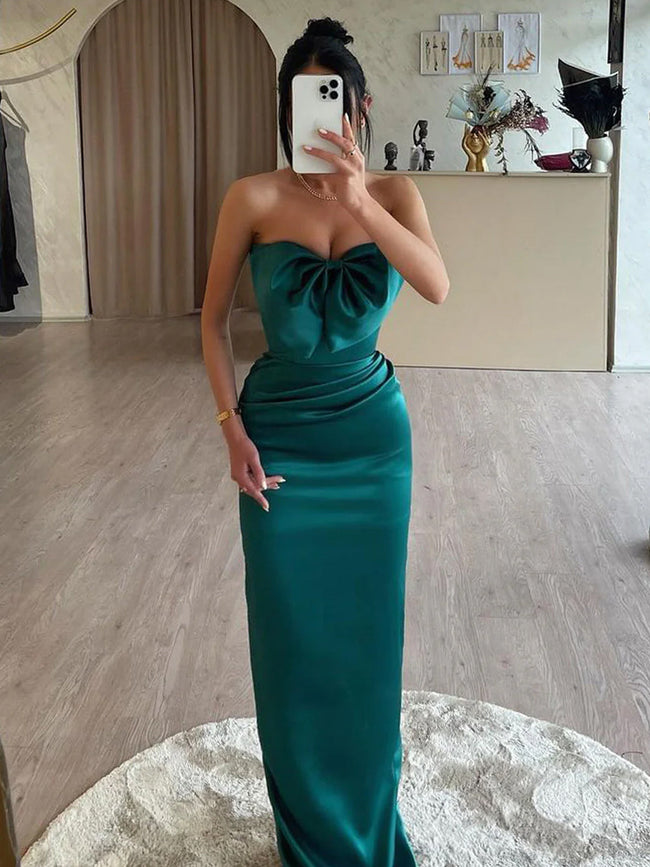 Tory | Mermaid Sweetheart Dark Green Satin Long Prom Dresses with Bow Hover Image