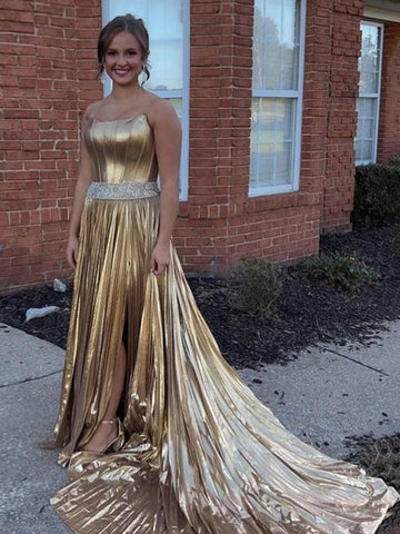 Touild | Vestido de fiesta sin tirantes, con cuentas y abertura en dorado metalizado