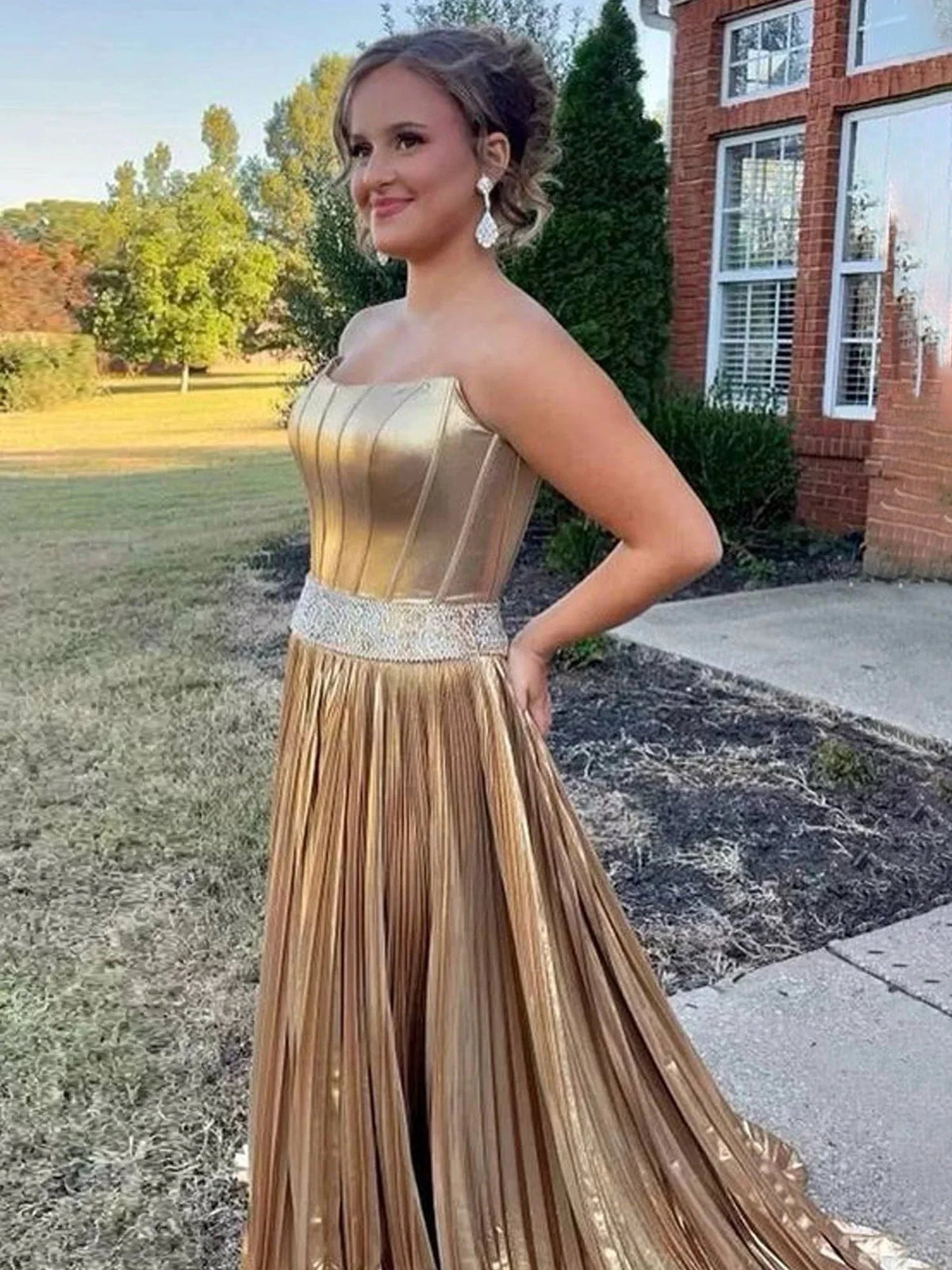 Touild | Metallic Gold Strapless Beaded Prom Dress with Slit by KissProm