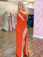 Tove | Orange One Sholder Sequins Mermaid Prom Dresses with Slit by Kissprom