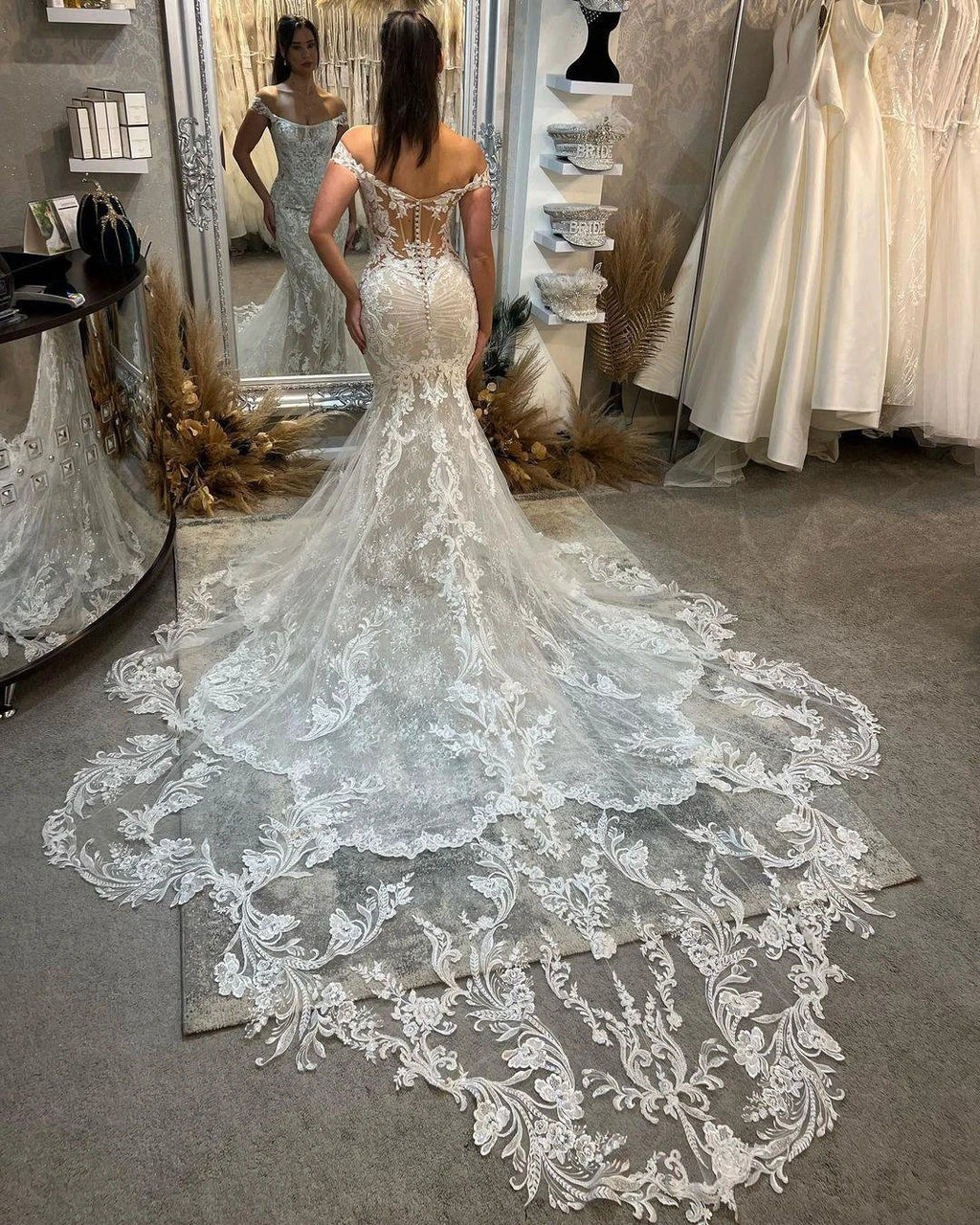 Trendy Floor Length Off-The-Shoulder Sleeveless Mermaid Lace Wedding Dress with Cathedral Train by misshow.com