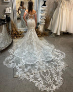 Trendy Floor Length Off-The-Shoulder Sleeveless Mermaid Lace Wedding Dress with Cathedral Train by misshow.com