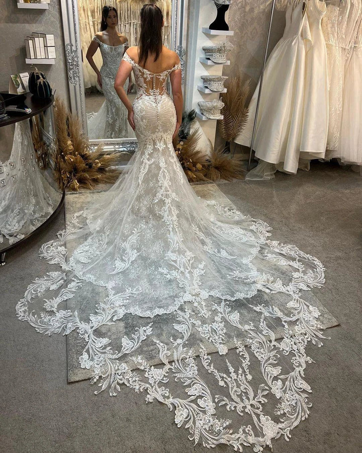 Trendy Floor Length Off-The-Shoulder Sleeveless Mermaid Lace Wedding Dress with Cathedral Train by misshow.com