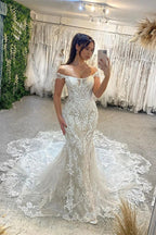 Trendy Floor Length Off-The-Shoulder Sleeveless Mermaid Lace Wedding Dress with Cathedral Train by misshow.com