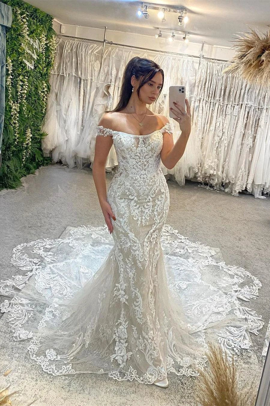 Trendy Floor Length Off-The-Shoulder Sleeveless Mermaid Lace Wedding Dress with Cathedral Train by misshow.com