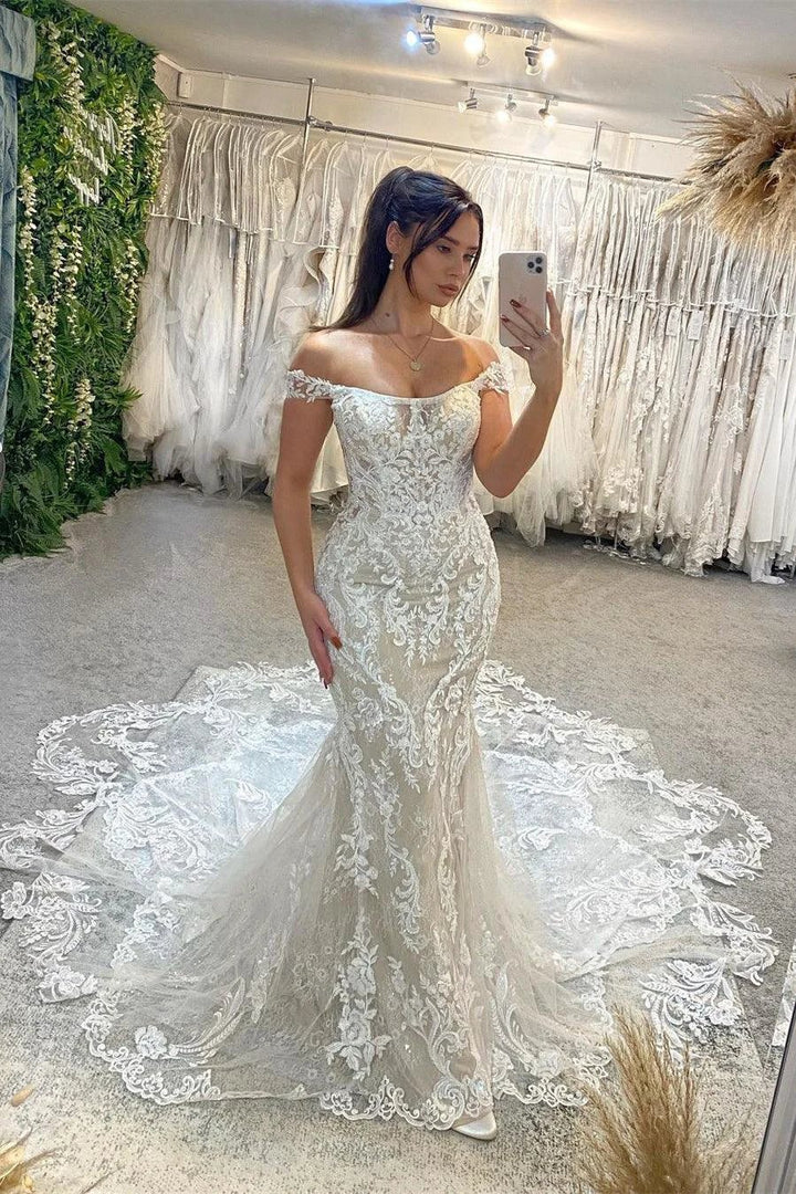 Trendy Floor Length Off-The-Shoulder Sleeveless Mermaid Lace Wedding Dress with Cathedral Train by misshow.com