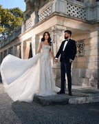 Robe de mariée sirène en dentelle, longue jusqu'au sol, à fines bretelles carrées, sans manches, à la mode