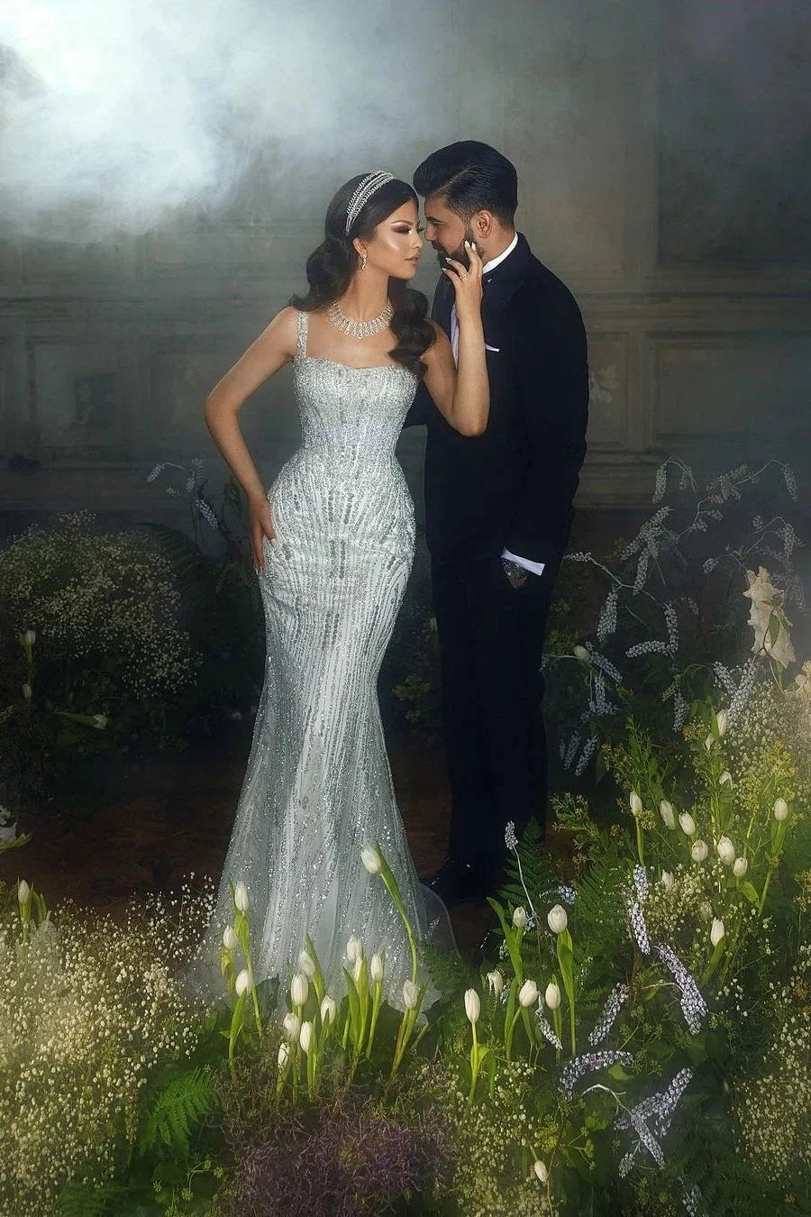 Trendy Floor Length Square Spaghetti Straps Sleeveless Mermaid Lace Wedding Dress by misshow.com
