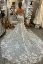 Trendy Floor Length Sweetheart Sleeveless Off-The-Shoulder Lace Wedding Dress with Chapel Train by misshow.com