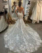 Trendy Floor Length Sweetheart Sleeveless Off-The-Shoulder Lace Wedding Dress with Chapel Train by misshow.com