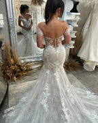 Trendy Floor Length Sweetheart Sleeveless Off-The-Shoulder Lace Wedding Dress with Chapel Train by misshow.com