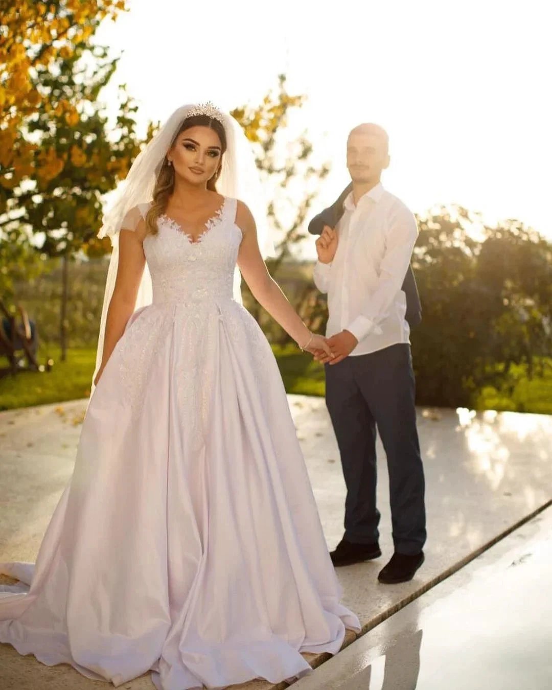 Trendy Floor Length Sweetheart Traps Sleeveless A-Line Satin Wedding Dress with Beads by misshow.com