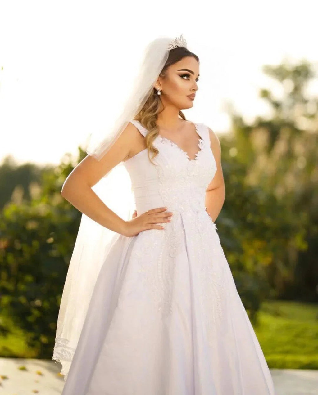 Trendy Floor Length Sweetheart Traps Sleeveless A-Line Satin Wedding Dress with Beads by misshow.com