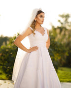 Trendy Floor-Length Sweetheart Spaghetti Strap Sleeveless A-Line Satin Wedding Gown with Beaded Details (ZD17496)