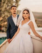 Trendy Floor Length Sweetheart Traps Sleeveless A-Line Satin Wedding Dress with Beads by misshow.com