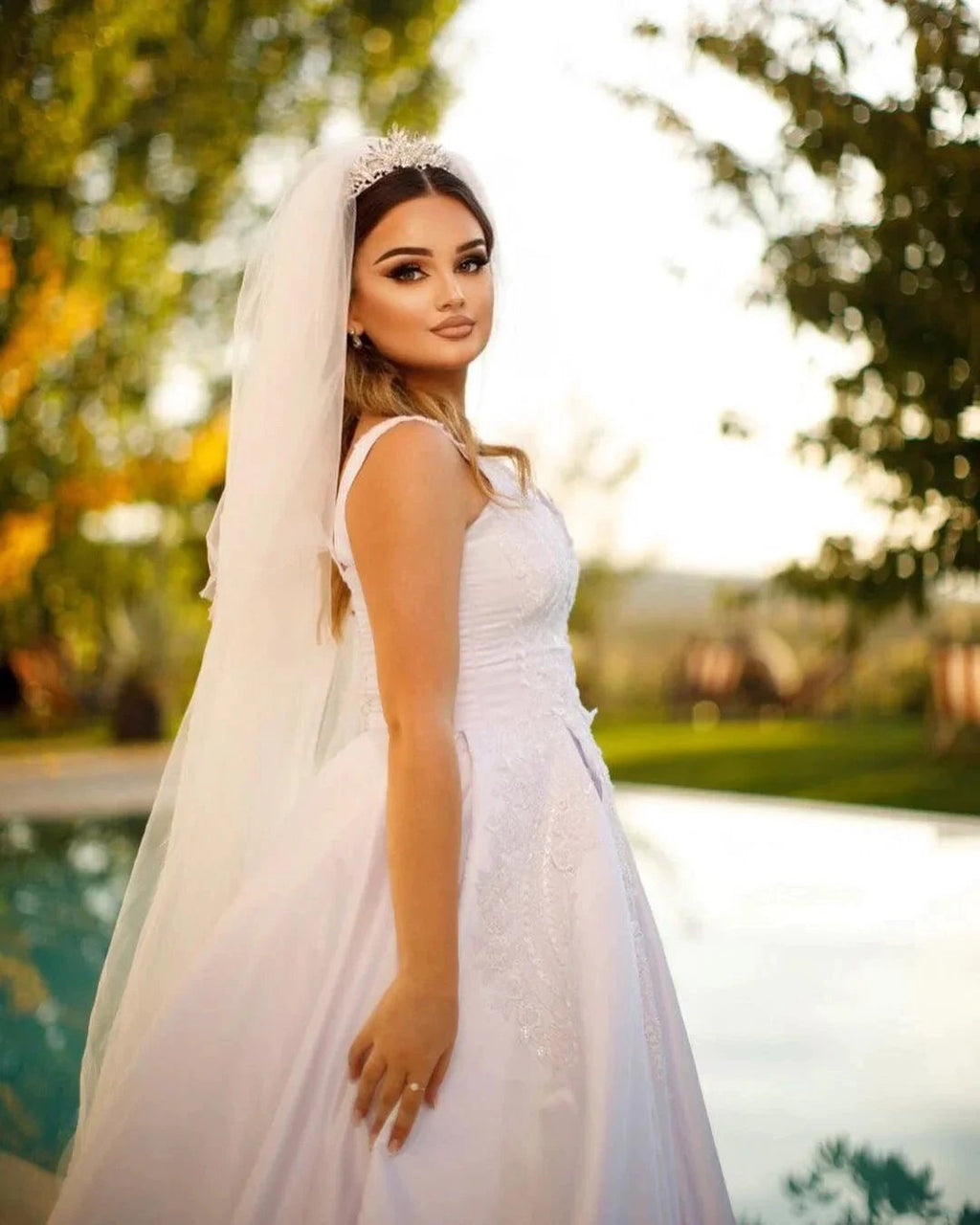 Trendy Floor Length Sweetheart Traps Sleeveless A-Line Satin Wedding Dress with Beads by misshow.com