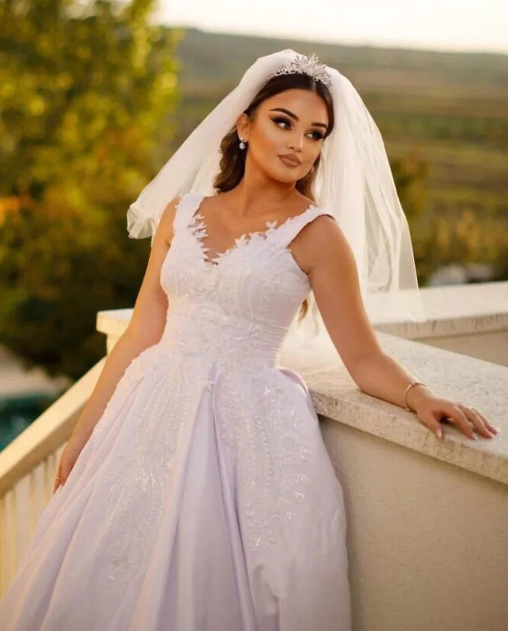 Trendy Floor Length Sweetheart Traps Sleeveless A-Line Satin Wedding Dress with Beads by misshow.com