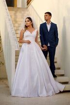 Trendy Floor Length Sweetheart Traps Sleeveless A-Line Satin Wedding Dress with Beads by misshow.com