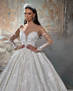 Trendy Floor Length V-Neck Long Sleeves A-Line Lace Wedding Dress with Appliques by misshow.com