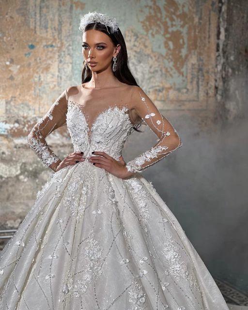 Trendy Floor Length V-Neck Long Sleeves A-Line Lace Wedding Dress with Appliques by misshow.com