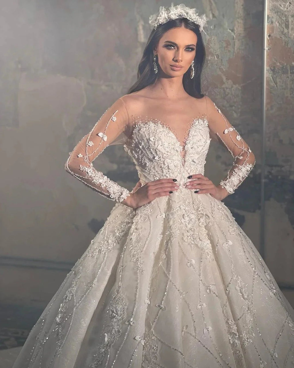 Trendy Floor Length V-Neck Long Sleeves A-Line Lace Wedding Dress with Appliques by misshow.com