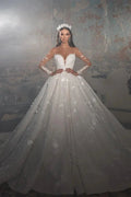 Trendy Floor Length V-Neck Long Sleeves A-Line Lace Wedding Dress with Appliques by misshow.com