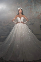 Trendy Floor Length V-Neck Long Sleeves A-Line Lace Wedding Dress with Appliques by misshow.com