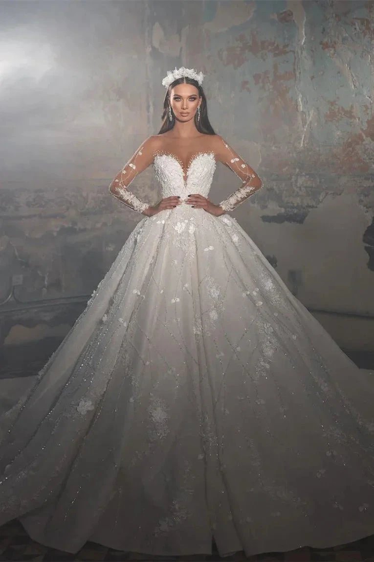 Trendy Floor Length V-Neck Long Sleeves A-Line Lace Wedding Dress with Appliques by misshow.com