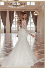 Trendy Long Sleeves V-Neck Mermaid Wedding Dress with Chapel Train by misshow.com