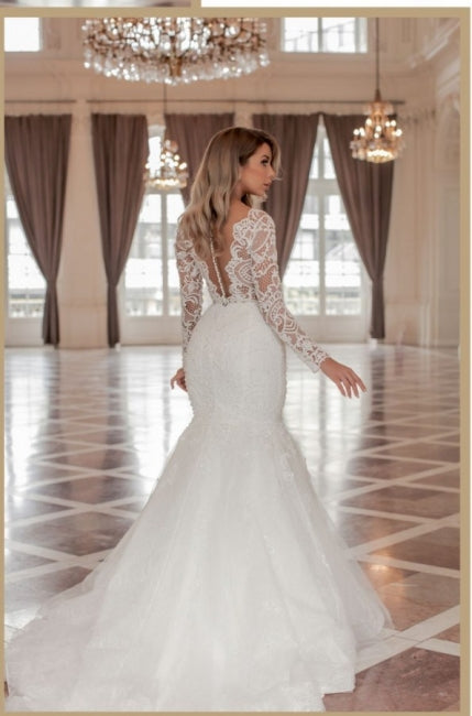 Trendy Long Sleeves V-Neck Mermaid Wedding Dress with Chapel Train Main Image