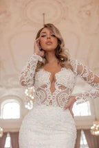 Trendy Long Sleeves V-Neck Mermaid Wedding Dress with Chapel Train by misshow.com