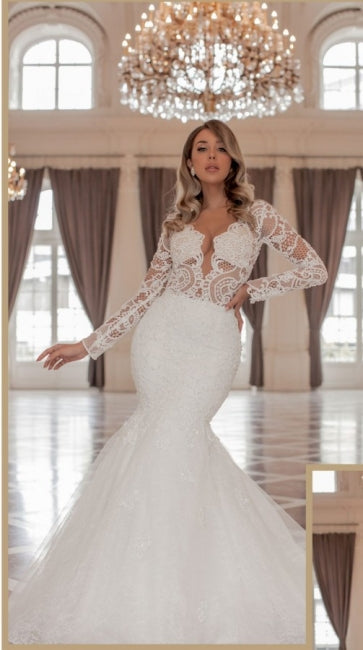 Trendy Long Sleeves V-Neck Mermaid Wedding Dress with Chapel Train Hover Image