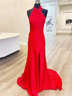 Tristan | Red Halter Satin Mermaid Long Prom Dress With Slit by KissProm