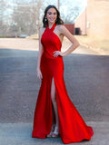 Tristan | Red Halter Satin Mermaid Long Prom Dress With Slit by KissProm