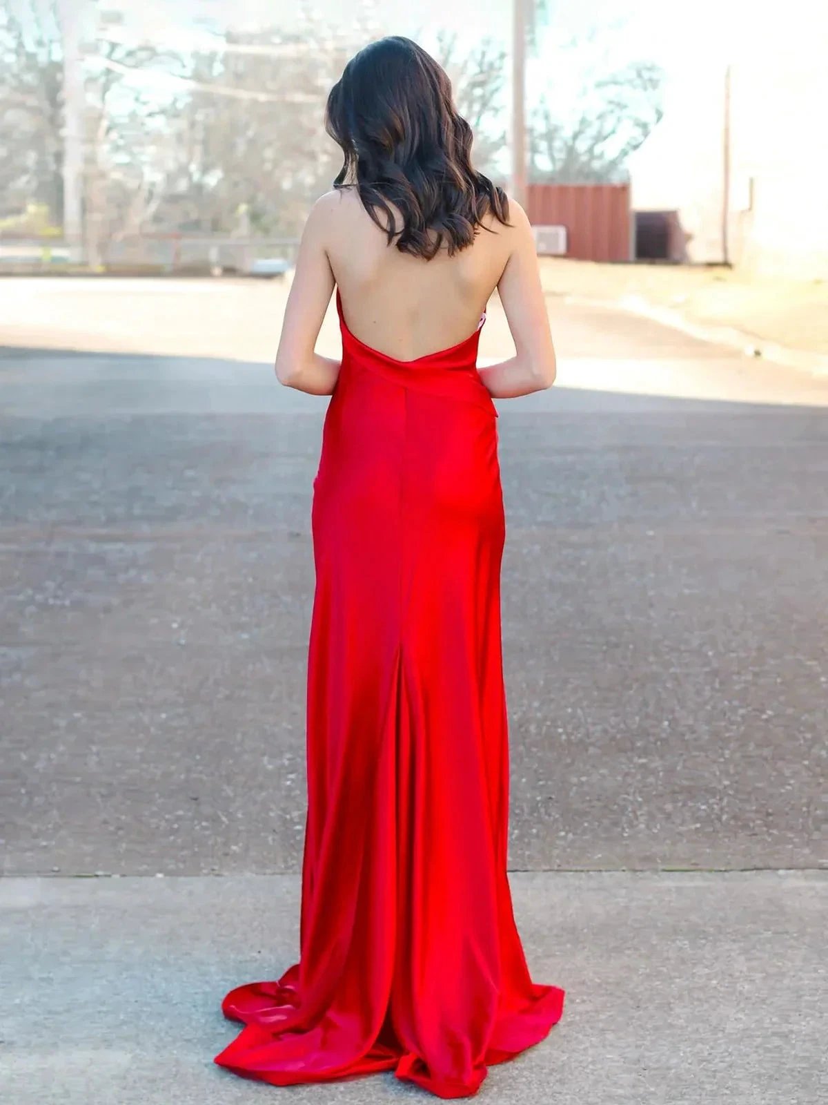 Tristan | Red Halter Satin Mermaid Long Prom Dress With Slit by KissProm