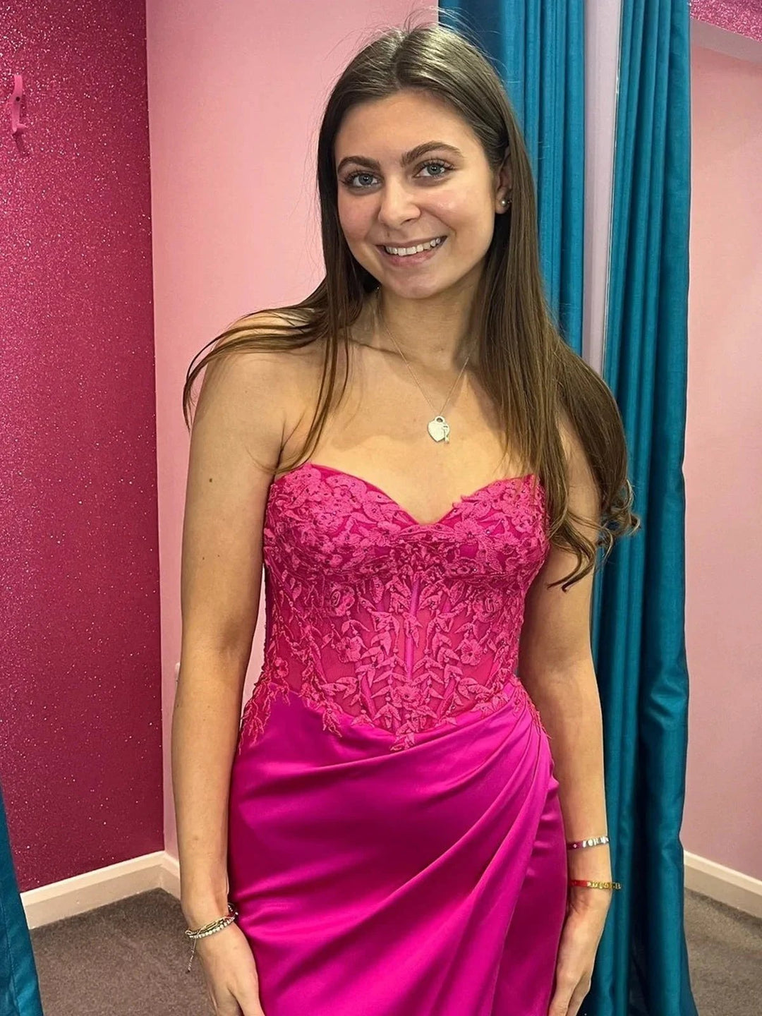 Trudy | Fuchsia Lace and Satin Ruched Mermaid Prom Dress by KissProm
